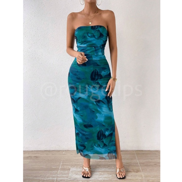 Blue Green Tie Dye Tube Strapless Mesh Maxi Dress Ruched Leg Slit - Picture 6 of 8